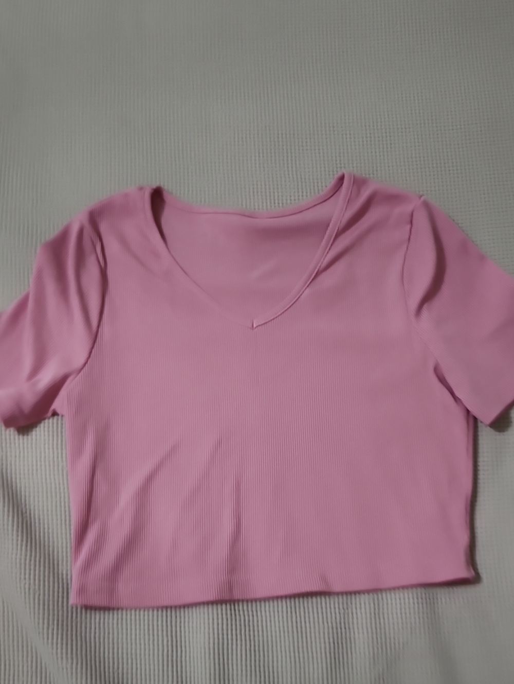 Pink Ribbed V-neck Short Sleeve Women's Top